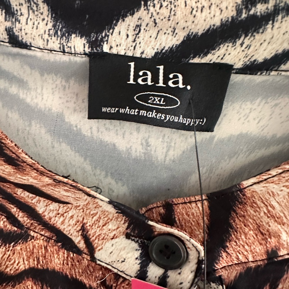 Dressed in LALA tiger print silken tops and pants set- Black, White, Orange - Picture 2 of 2